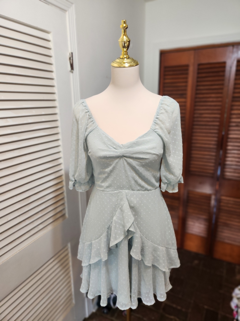 Light Blue Puff Sleeve Ruffle Mini Dress - Picture 4 of 12